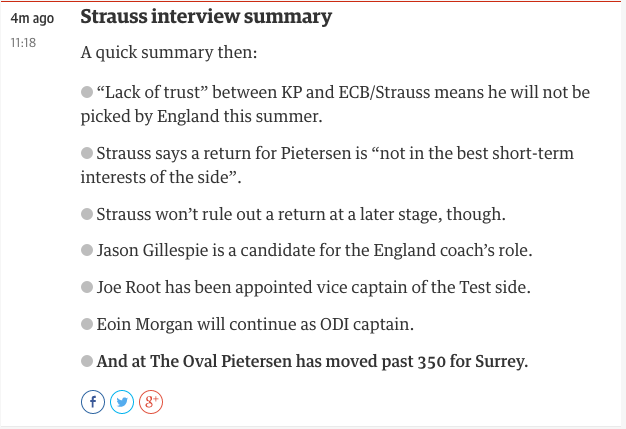 guardian_sport's tweet photo. Kevin Pietersen out of England's summer plans, says Strauss http://t.co/VMD2yt1jrj http://t.co/c4HXGwY7vF