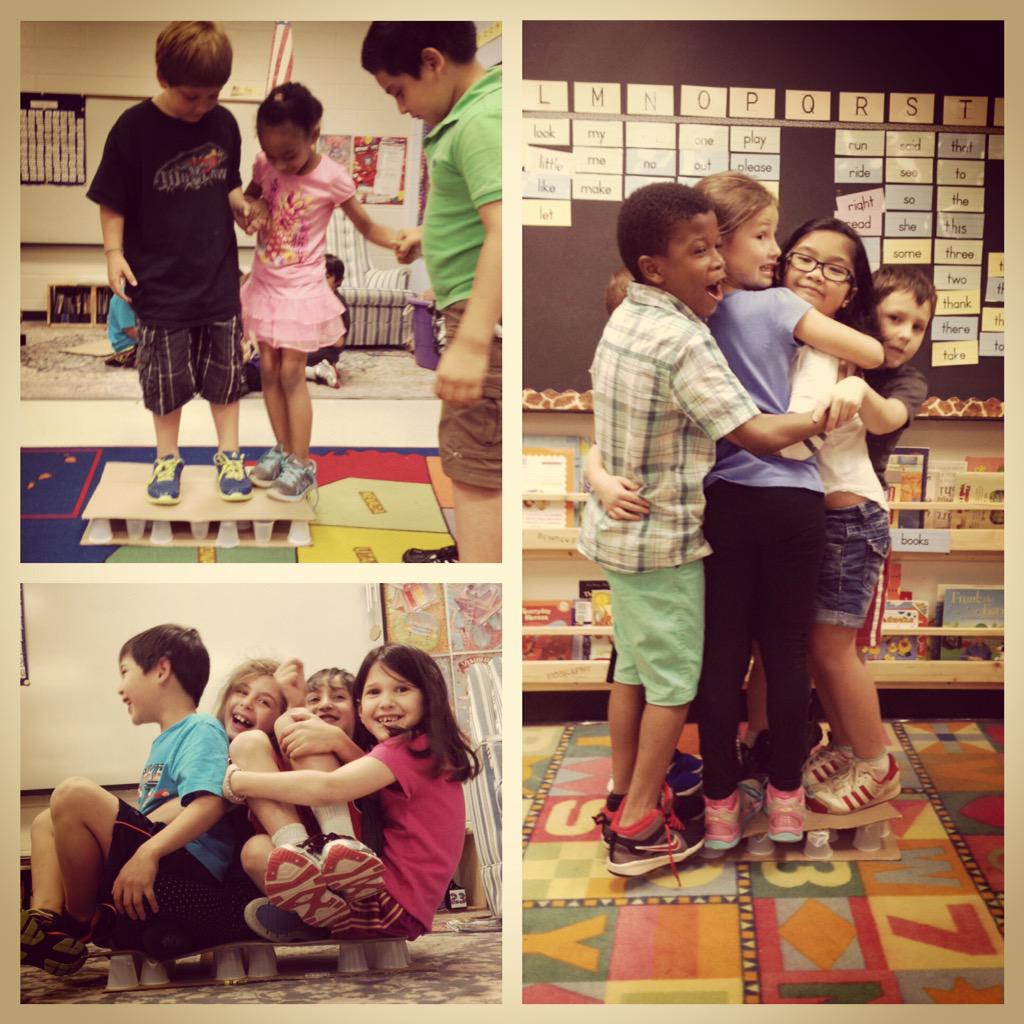 Medford1stGrade's tweet photo. STEM day exploration! How many kids can you get on your platform? http://t.co/4JHZw3NSTT