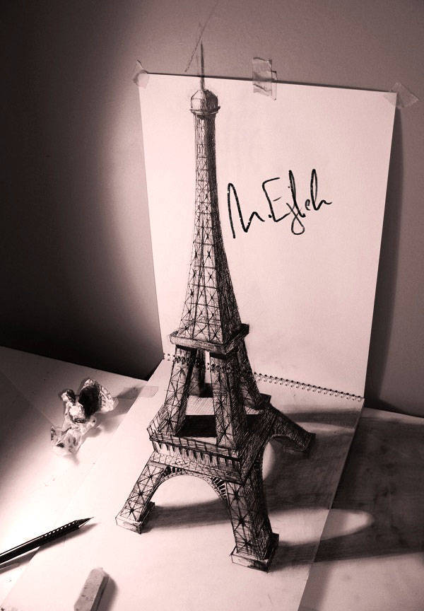 Amazing 3D Eiffel Tower pencil drawing
