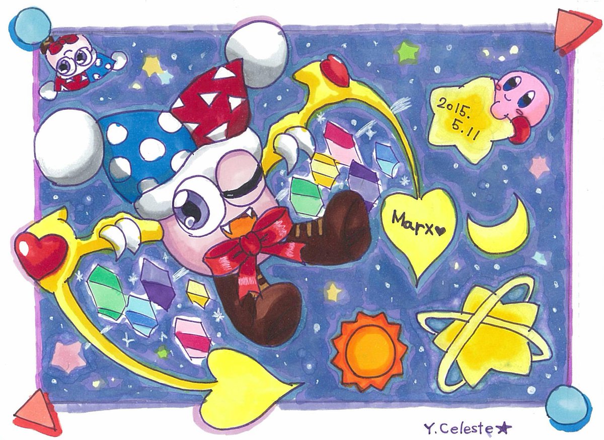 Y Celeste 銀河の道化師魔法使い 今回は1時間43分かかったのサ ま ゆるしてちょーよ 道化師姿のマルクか 正体を現した方 魔法使い のマルクか どっちをメインに描くか悩みました カービィ版深夜のお絵かき60分一本勝負 Http T Co Raxj6q3uzn