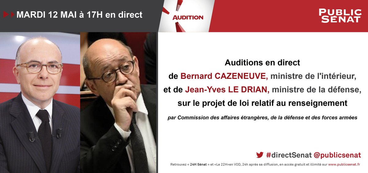 publicsenat's tweet photo. A 17h, suivez en direct l'audition de @JY_LeDrian et de @BCazeneuve sur le #PJLRenseignement #DirectSenat http://t.co/D26UHDAEbt