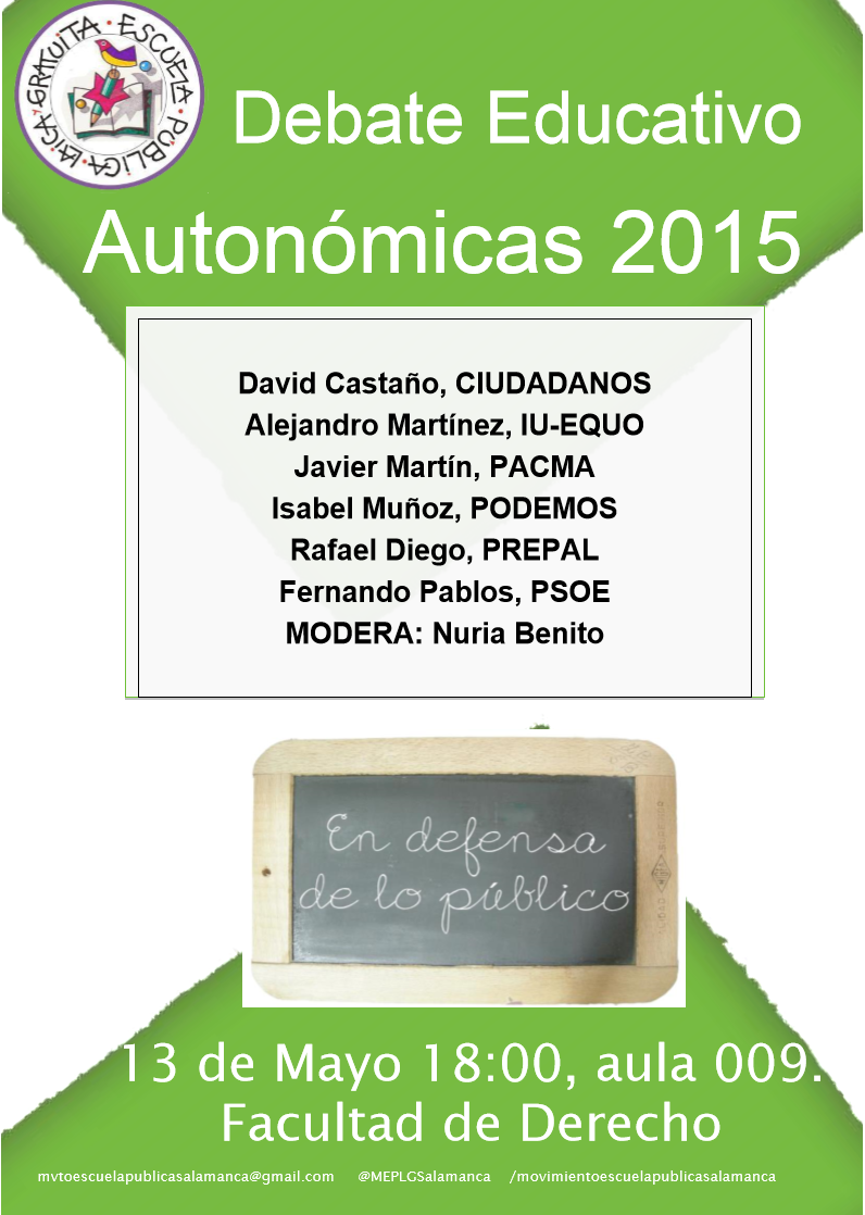MEPLGSalamanca's tweet photo. Mañana a las 18:00 Aula 009 de la Facultad de Derecho,debate de educación, entre Candidat@s Autonómicos¡Te esperamos! http://t.co/xpXxez3kVN