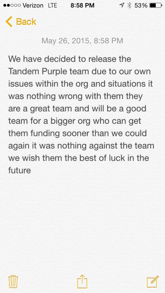 Tandemesports's tweet photo. @ImQoxn @TBGWarlock @CosmicTrex @ConnorrFPS good luck guys again we are sorry for how this ended up http://t.co/SY5eS7NnGo