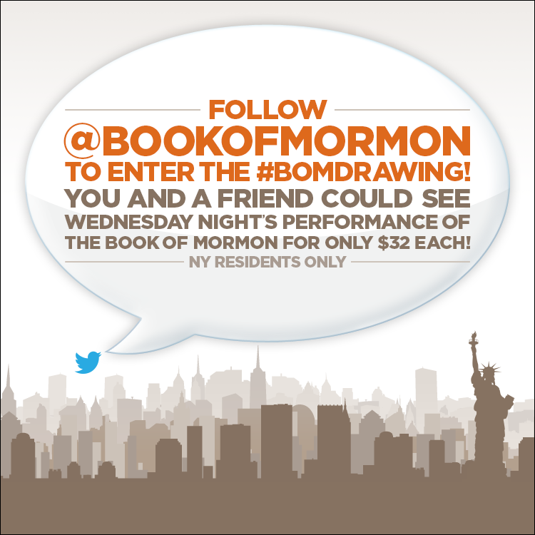 BookofMormon's tweet photo. RT &amp; follow to enter the Broadway #BOMDrawing for WED 6/3! Don't miss out on $32 tix! 18+ NY res only http://t.co/lpAvdLatYa