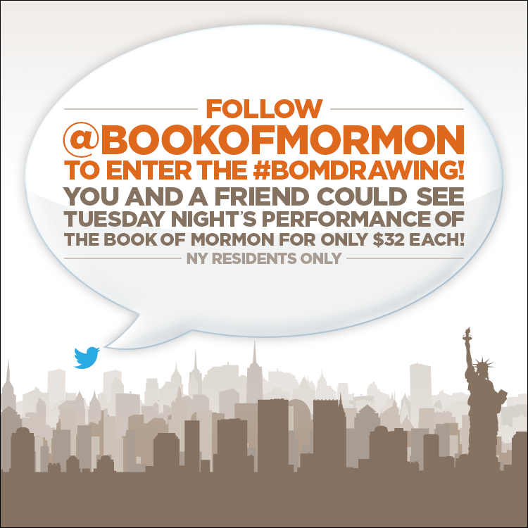 BookofMormon's tweet image. RT &amp;amp; follow to enter the Broadway #BOMDrawing for TUES 6/9! Don't miss out on $32 tix! 18+ NY res only