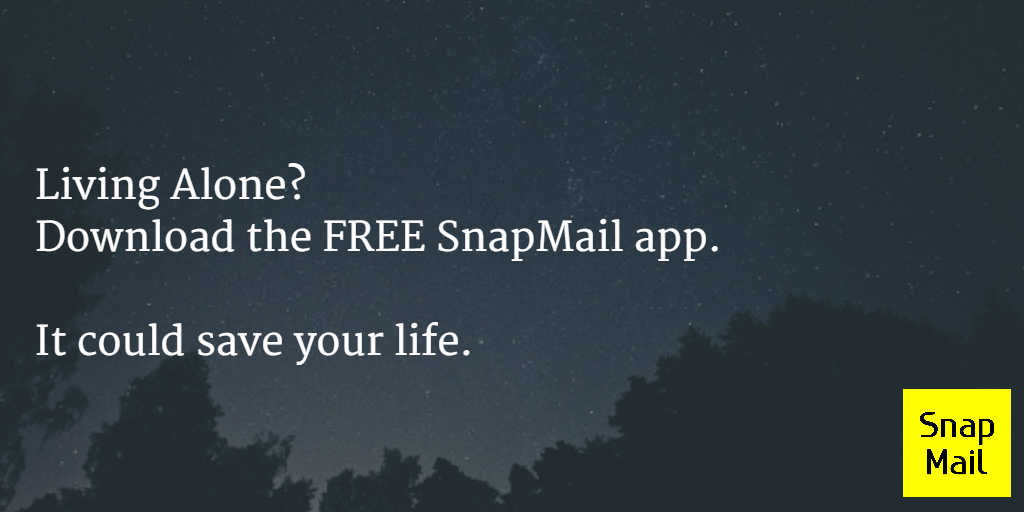 snapmailapp's tweet photo. Living Alone?
Download the FREE SnapMail app.
 
It could save your life. http://t.co/V9mGlGU3ZS