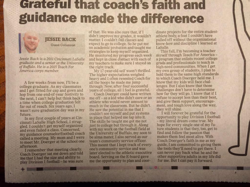dvc_ron's tweet photo. Great article by Jesse Back LaSalle '11 about how his experience at LaSalle with Tom Doerger has shaped his life #LRD http://t.co/M6Or30T1NF