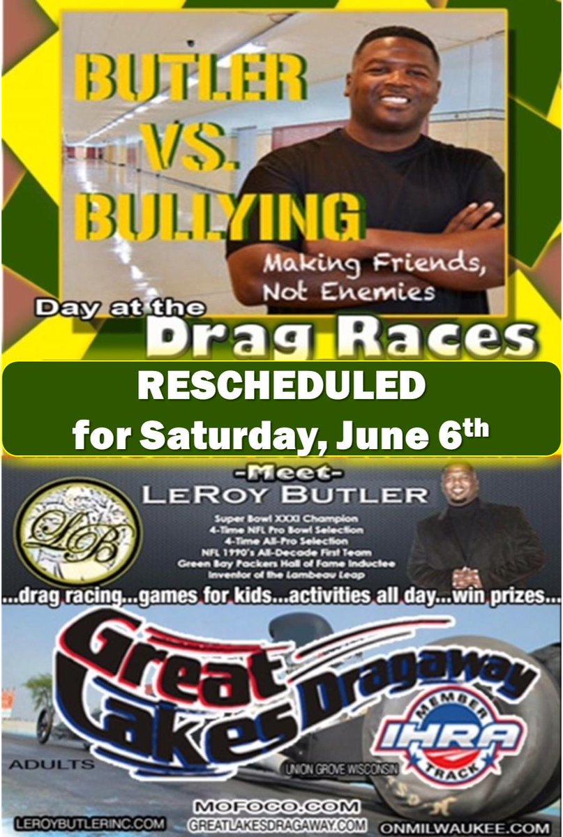 leap36's tweet photo. Rain out at @greatlakesdrag. We have rescheduled for Saturday, June 6th. Hope to see you there. #ButlerVsBullying http://t.co/fmy6FGmshu