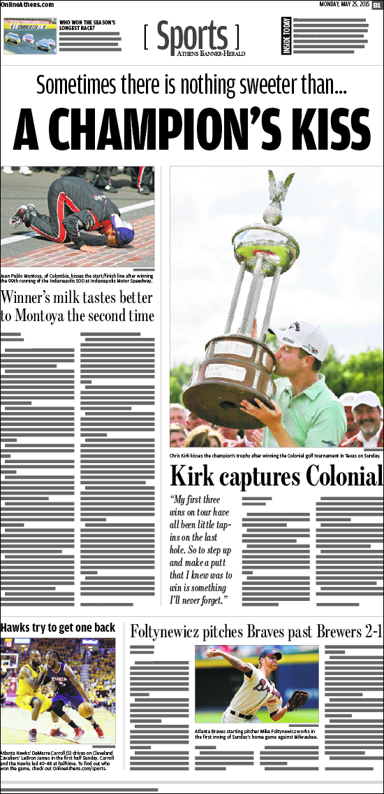 tylermayforth's tweet photo. @ABHSports: Former Bulldog Kirk (#ColonialGolf) and Montoya (#Indy500) sealed Sunday wins w/ a kiss. @APSE_sportmedia http://t.co/JVFG8o5aHg