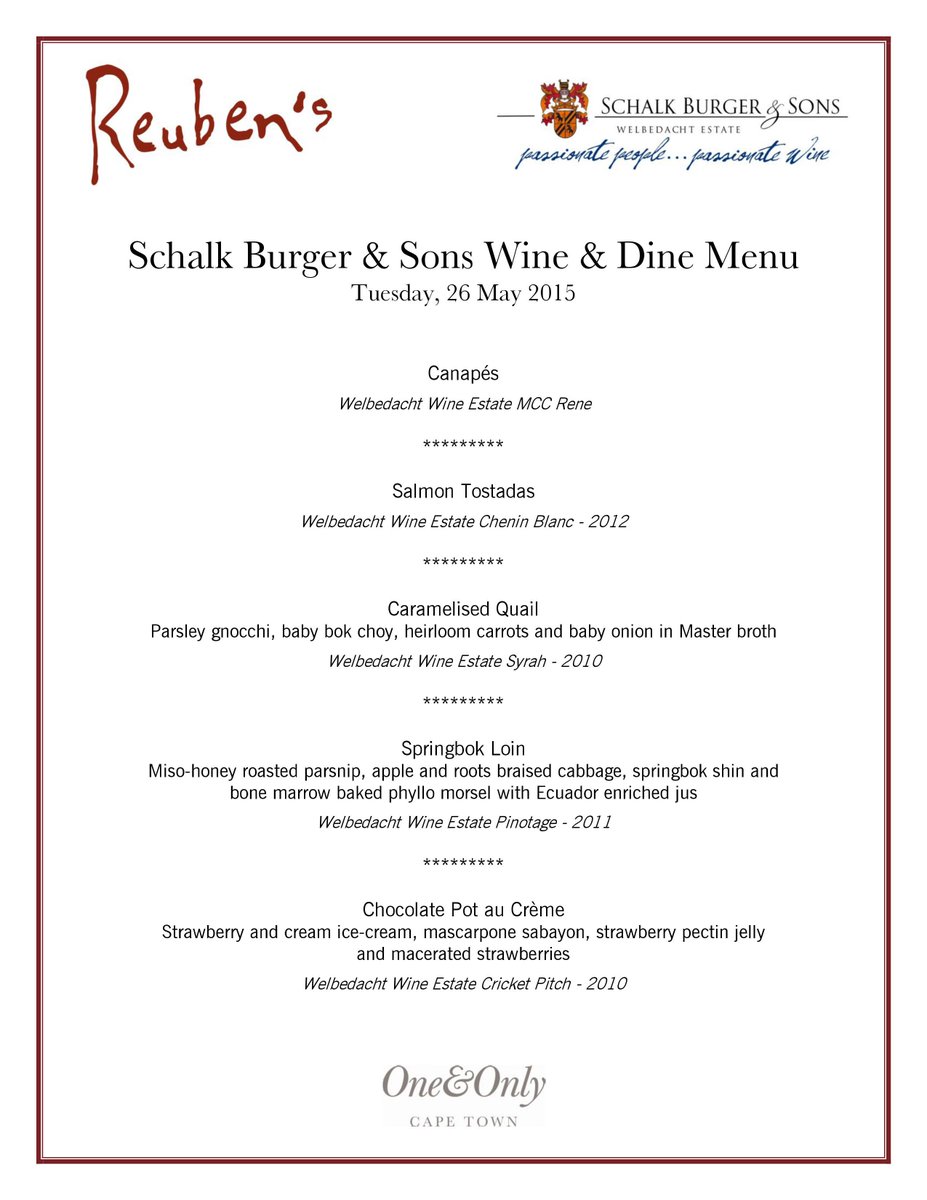 Join <a href="/ReubenRiffel/">Chef Reuben Riffel</a> tomorrow for a 5-course dinner paired with Schalk Burger &amp; Sons Wines <a href="/sbsonswine/">Schalk Burger & Sons</a> <a href="/OOCapetown/">One&Only Cape Town</a>