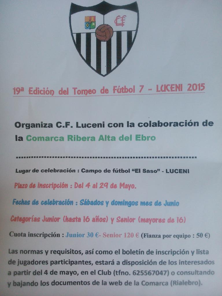 Vuelve el 19' torneo de fútbol 7 de verano organizado por CF Luceni. Apúntate ya, viernes último día de inscripción.