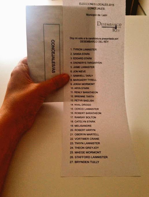 Vertele's tweet photo. El mejor voto nulo de las #Eleccion2015, con los personajes de @JuegoDeTronosTM http://t.co/QShXWPPVlC http://t.co/HnwKX77KqH