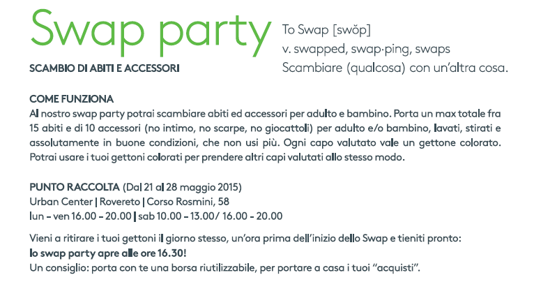 roveretogreen's tweet photo. dal 21 al 28 maggio raccolta vestiti e accessori per lo #swap all'URBAN CENTER @ComuneRovereto http://t.co/tNcSF76gQH