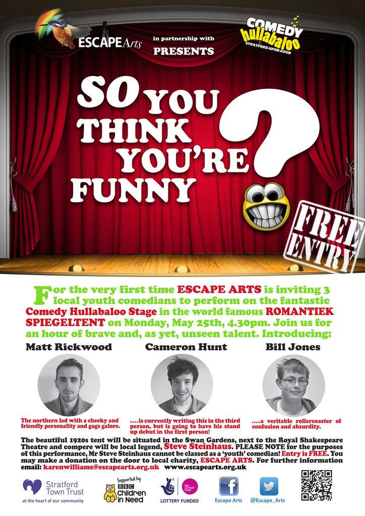 Escape_Arts's tweet photo. @stratfordcomedy @JustSandyTweets @HeraldArts Today! 4.30pm! 3 brave young comedians make their debut! http://t.co/MbO0as6dja
