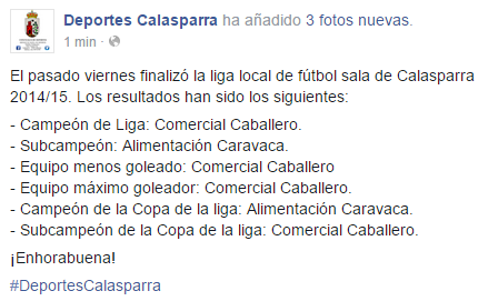 deportes_calas's tweet photo. El pasado viernes finalizó la liga local de fútbol sala de Calasparra 2014/15. Los resultados han sido los siguientes http://t.co/2ZaELMjYJw
