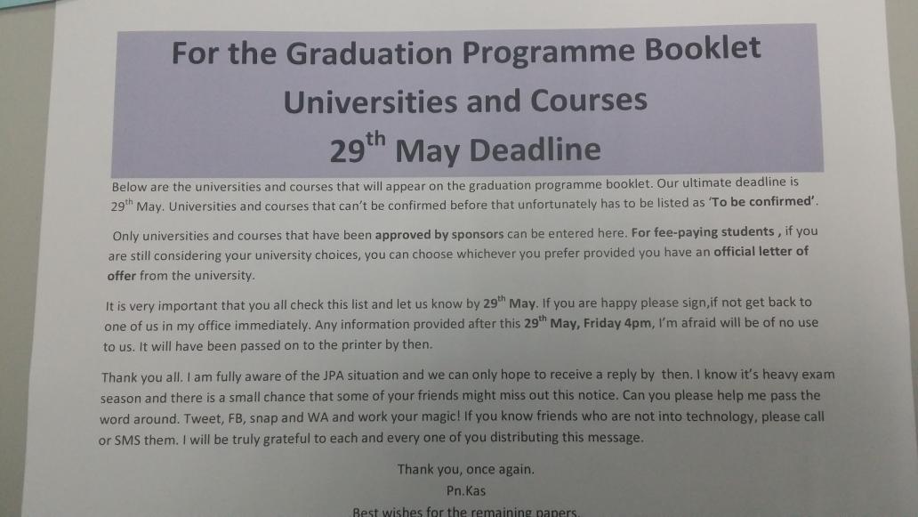 Kasthuri73's tweet photo. Seniors, pls check your courses and universities for printing on graduation booklet be4 this friday 29th May 4pm. Tq http://t.co/vby8rmLCo3
