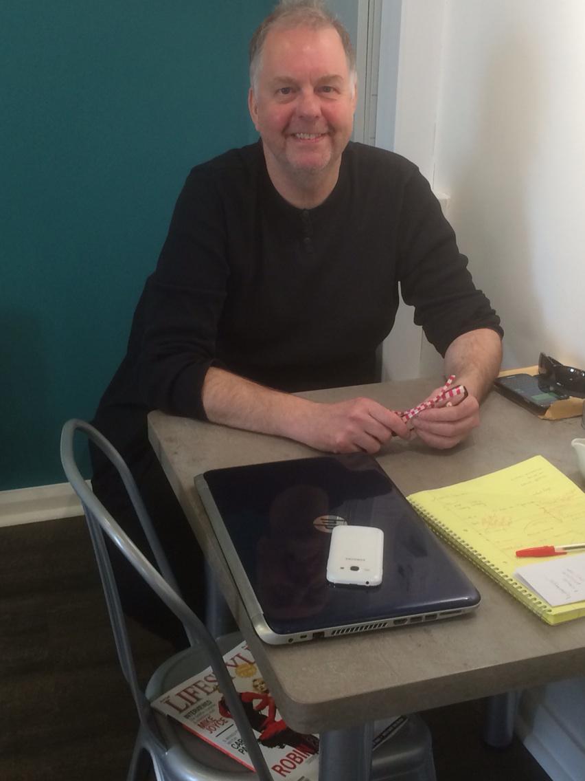 Old_LowLight's tweet photo. Writer of #DirtyDusting #EdWaugh in our cafe today planning for his production of #HadawayHarry 3rd &amp; 5th July http://t.co/ma105yLJdQ