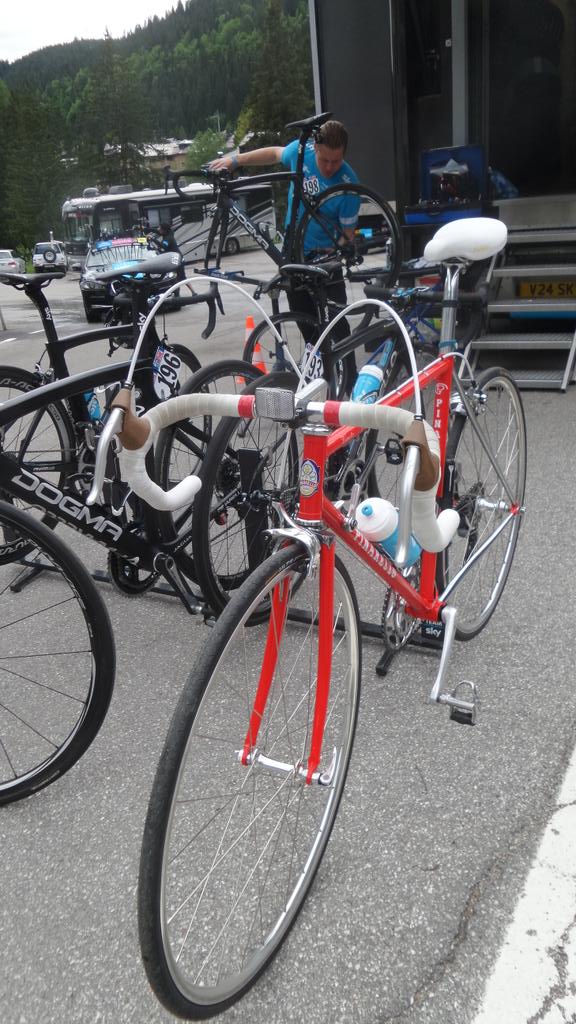 #Giro2015 among the Team Sky stable of Pinarello Dogmas a classic steel Veneto still being made in Italy