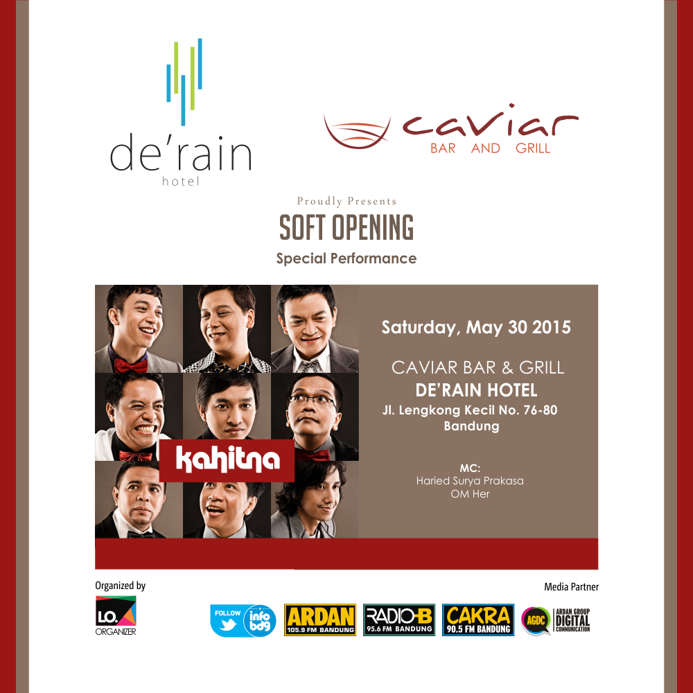 infobdg's tweet photo. Hotel &amp; resto baru! Yuk dtg ke Soft opening De' Rain Hotel &amp; Caviar Bar &amp; Grill w/ KAHITNA 30/5 - @DerainDafam http://t.co/ACfvE0A3jp