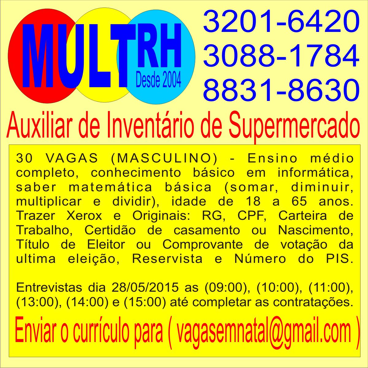 RHMult's tweet image. 30 VAGAS PARA AUXILIAR DE INVENTÁRIO - R$ 100,00 a diária. Acesse: (multrh.com.br).