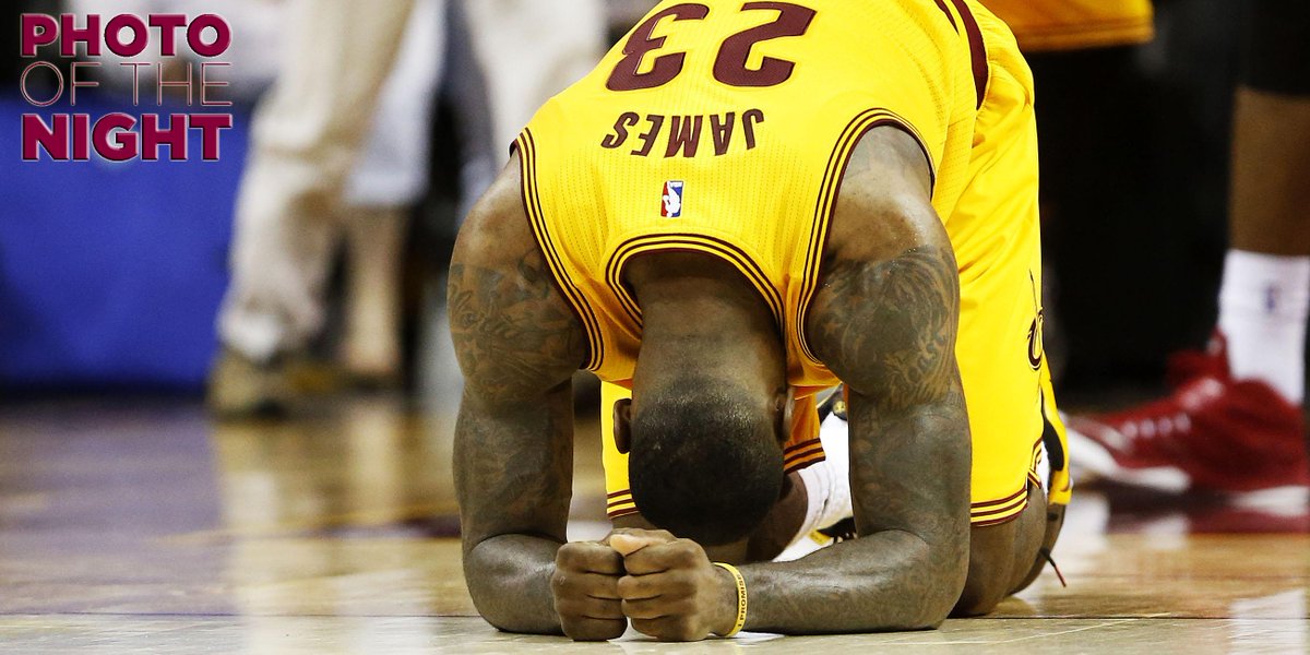 SportsCenter's tweet image. LeBron James drops to the floor after putting up a triple-double as Cavaliers beat Hawks in OT, 114-111.