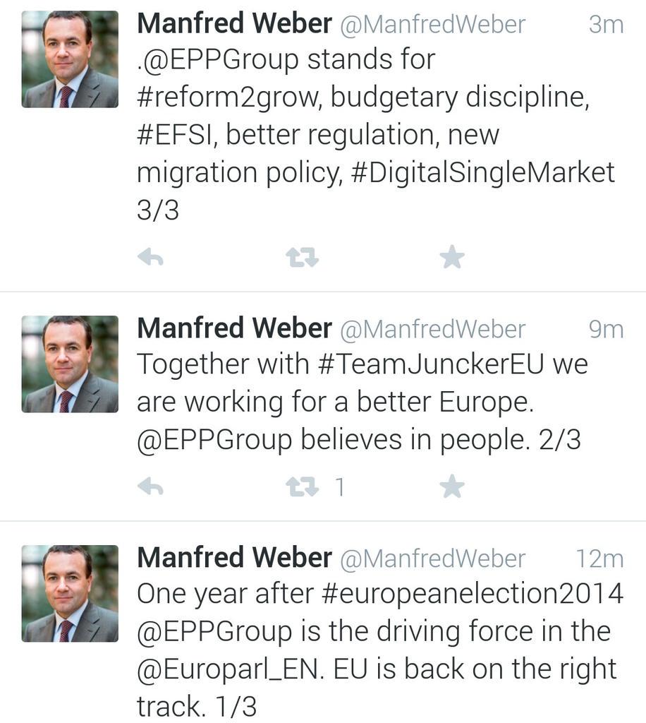 EPPGroup's tweet image. Chairman @ManfredWeber evaluates one year after #europeanelections2014 #EP2014