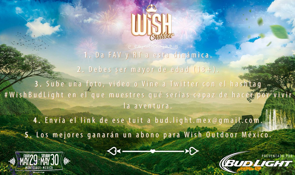 BudLightMEX's tweet photo. ¡Aquí está la dinámica para los abonos de @wishoutdoor! Tienen hasta las 7 PM de hoy para participar. #WishBudLight http://t.co/sHZvOjB92A