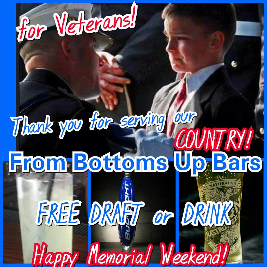 BOTTOMSUPBARS's tweet photo. Come by any of my bars if you are a vetran. Free draft beer or well drink. Thank you veterans for your sacrifice. http://t.co/GpwXOiDoXI