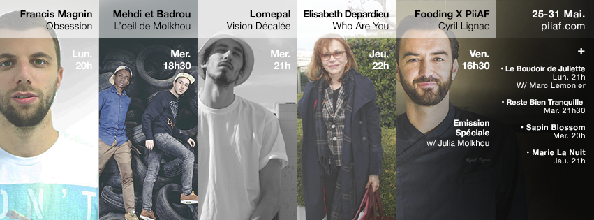 WeArePiiaf's tweet photo. Fat line up cette semaine @levraiLomepal @CyrilLignac Elisabeth Depardieu Mehdi &amp; Badrou @JuliaMolkhou @VisionDecalee http://t.co/8b7KwBUJqL