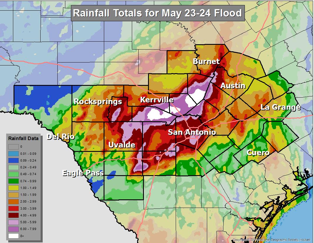 NWSSanAntonio's tweet photo. Memorial Day Weekend Storm Rainfall Totals http://t.co/FC38eerNga