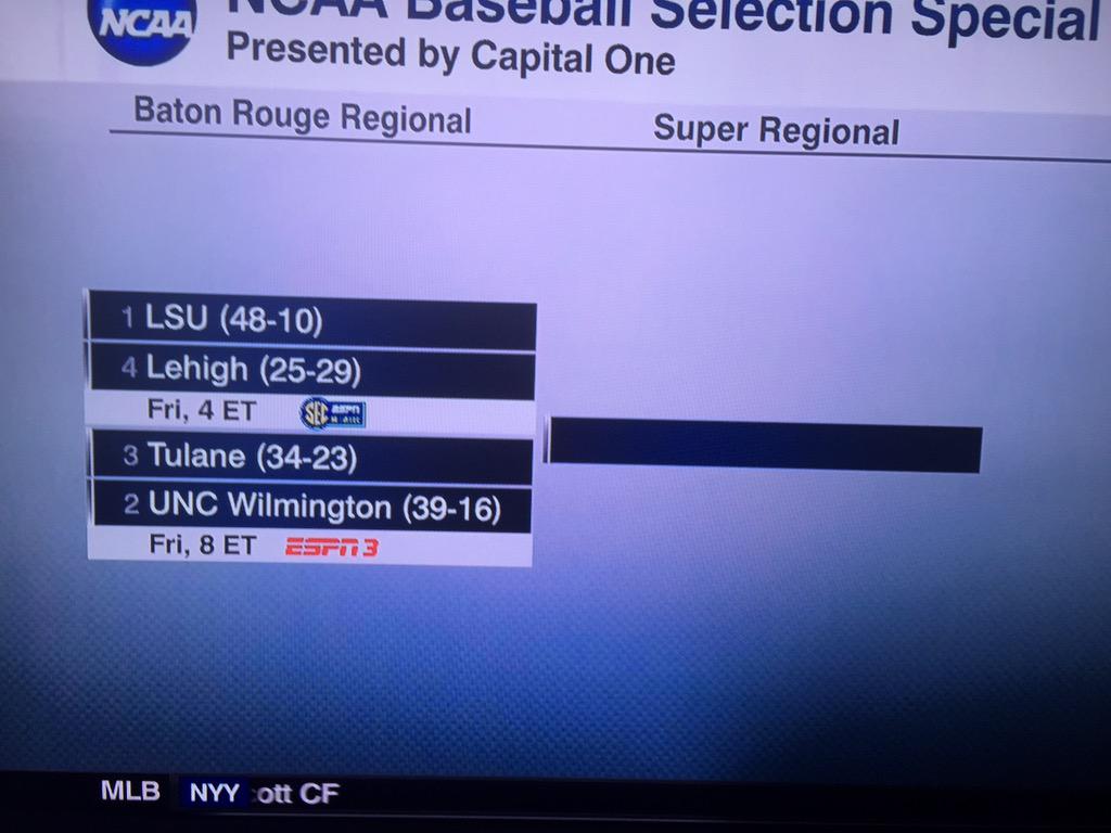 FearTheWaveBlog's tweet photo. Full Regional bracket now. Tulane beat UNC Wilmington 8-4 on the road in earlier meeting. #WaveisBack #TOBTTW http://t.co/e5H0FnbhJC