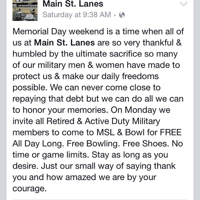 mainstlanes's tweet photo. FREE BOWLING FOR ANYONE WHO WAS OR IS IN THE MILITARY! 🇺🇸 http://t.co/28WNFLvnP7