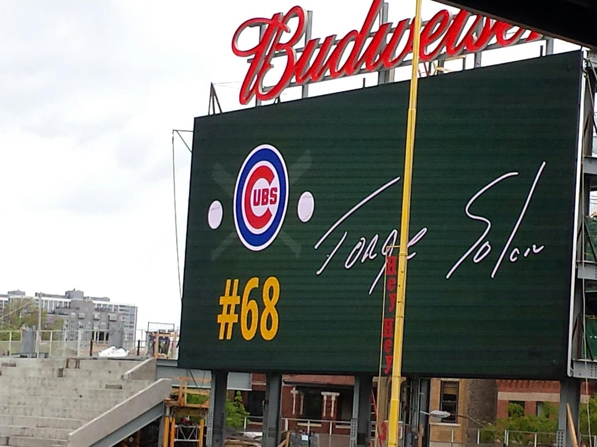 TheCubsInHaiku's tweet image. New at Wrigley Field / Starting lineup autographs / On right field score board #Cubs
