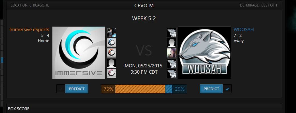 WOOSAHcsgo's tweet photo. TONIGHT WOOSAH vs Immersive eSports in the @CEVO league! 9:30PM CDT! Be there or be square! #WOO http://t.co/GWrCcTbkBD
