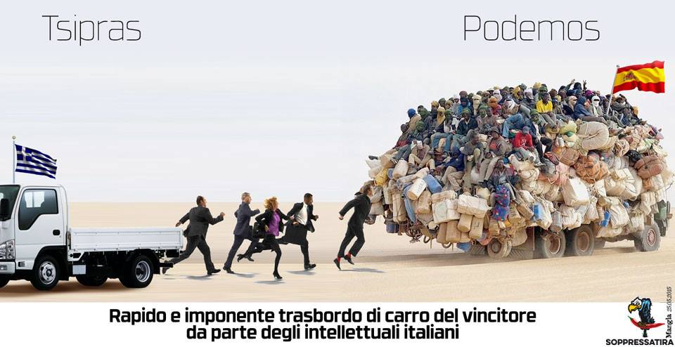 Soppressatira's tweet photo. Nelle ultime ore imponente trasloco dell’intellighenzia italiana. «#Podemos salire?»
{@ilMangla} http://t.co/VBXzr87PdF