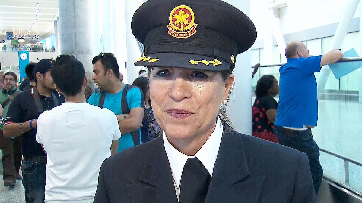 CTVKitchener's tweet photo. Air Canada's first female pilot has touched down at Pearson for the final time: http://t.co/BmiYijA5pv http://t.co/gNILMvBEQe