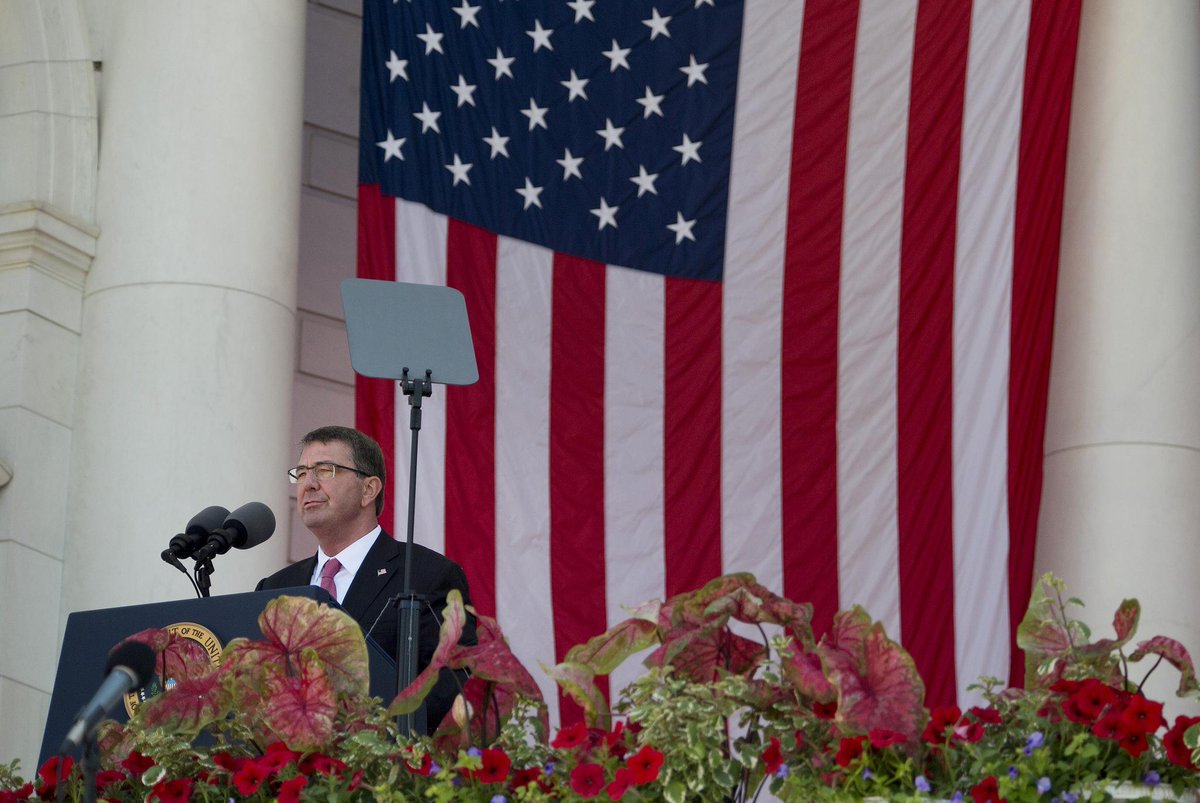 DeptofWar's tweet photo. #SecDef delivered remarks today during a #MemorialDay Ceremony at @ArlingtonNatl Cemetery Amphitheater. #HonorThem http://t.co/zXOOqbWMka