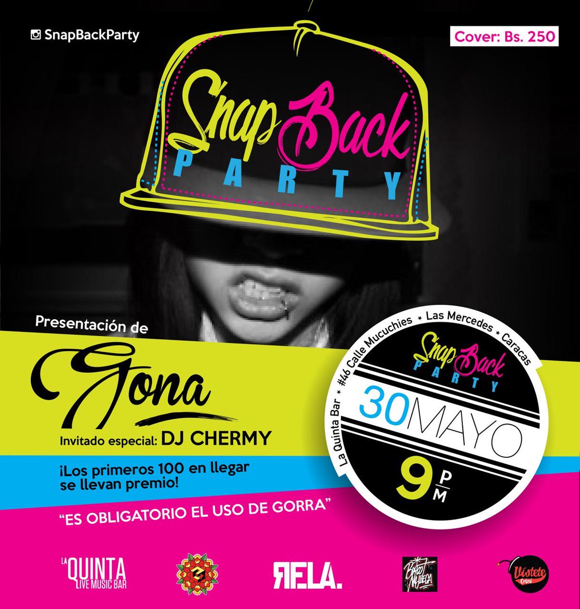 laQuintabart's tweet photo. Esto es el SÁBADO 30 >>
#SnapBackParty en #LaQuintaBar con @GonadL1 y @dj_chermy
Cover: 250Bs. http://t.co/HzlRSzqLpG
