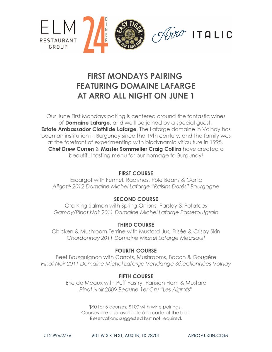 Arro Austin (@arroatx) on Twitter photo First Mondays 5-Course Pairing featuring Domaine Lafarge w/Chef Drew + <a href="/ccollinsms/">Craig Collins, MS</a> is in 1 week! First Mondays 5-Course Pairing featuring Domaine Lafarge w/Chef Drew + <a href="/ccollinsms/">Craig Collins, MS</a> is in 1 week!