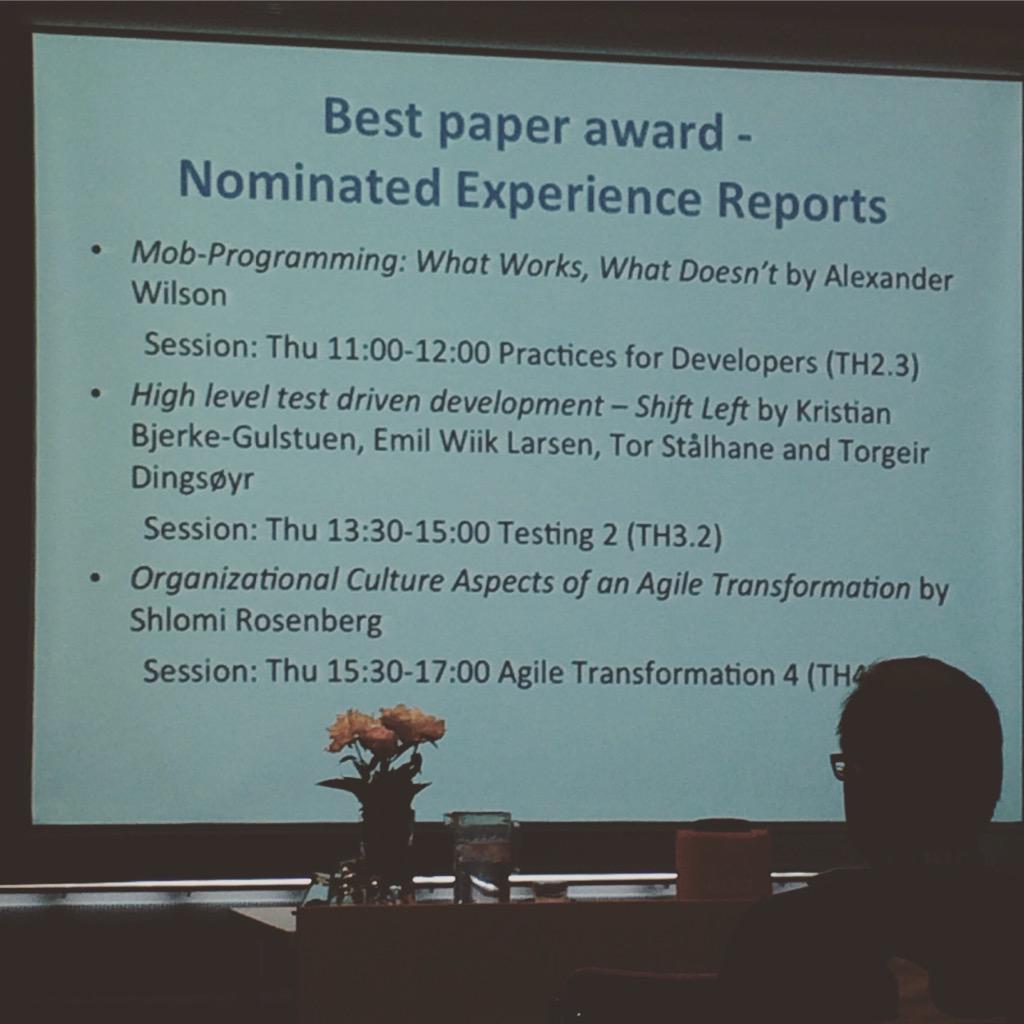 poptail's tweet photo. Great start of the #xp2015 conference. Nominated for best experience report. http://t.co/6pTnKZdEIf