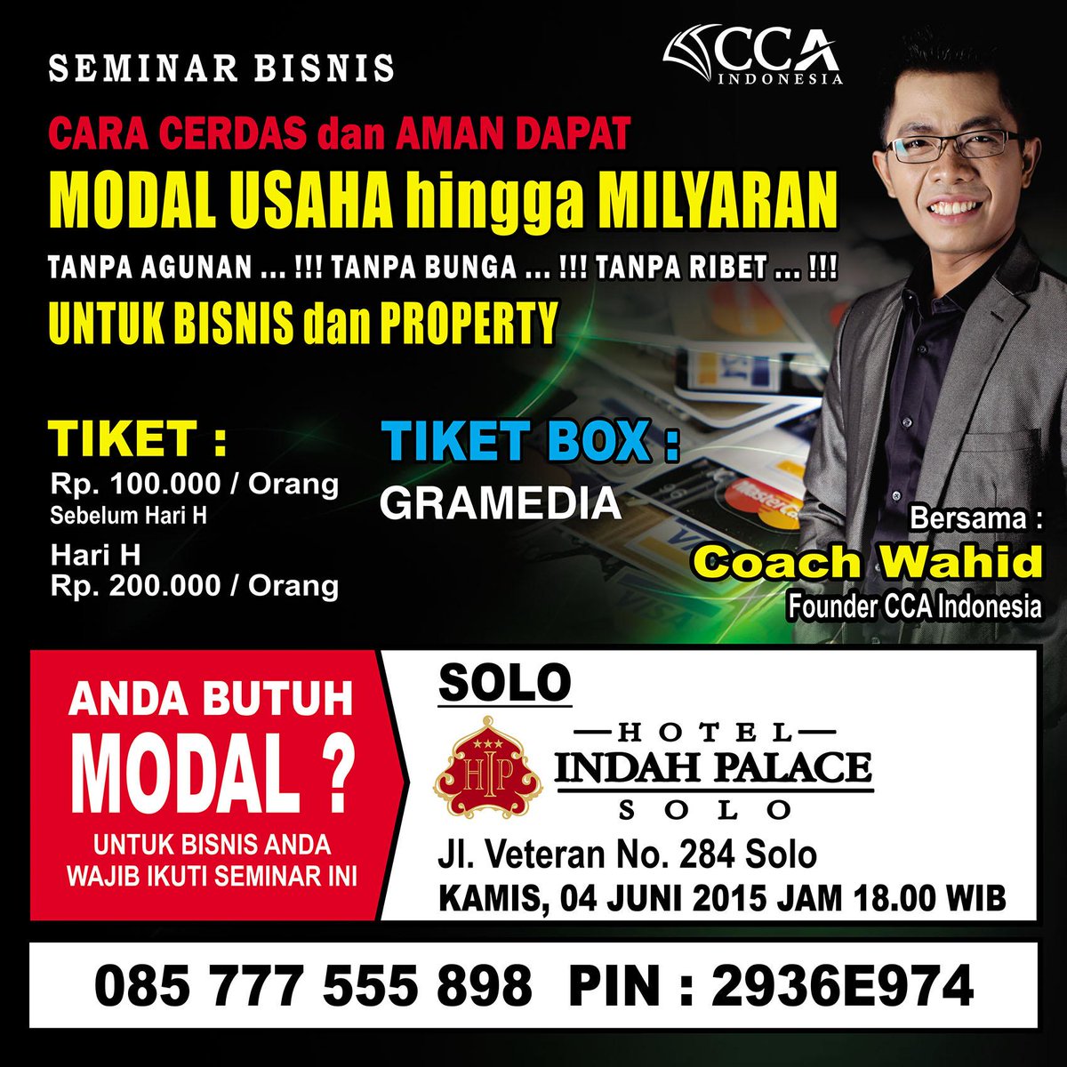 Kamis 4 Juni #SeminarModalMilyaranTanpaAgunanTanpaBunga brsama <a href="/PakarCreditCard/">Pakar Credit Card</a> jam 18.00 di Hotel Indah Palace SOLO.