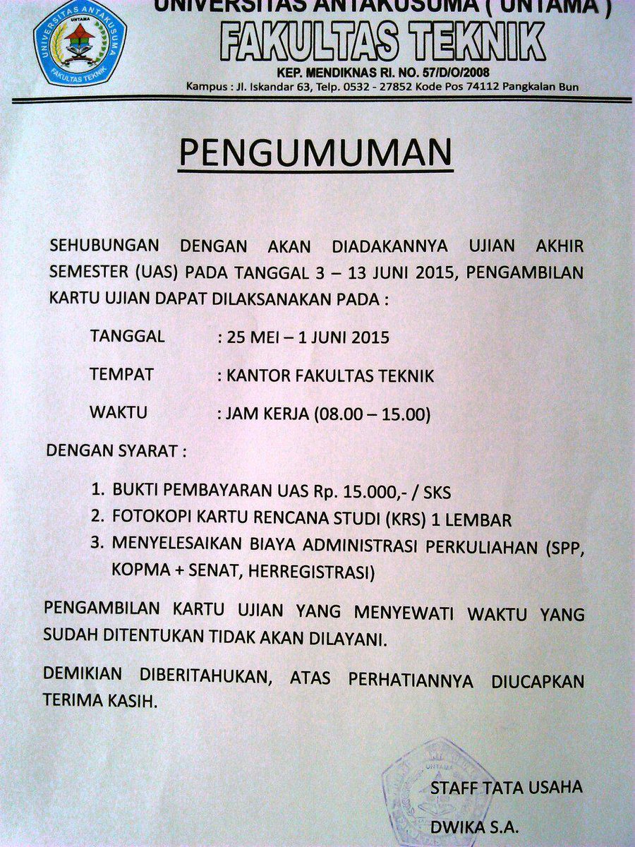Jadwal pengambilan kartu UAS genap 2014-2014 Fakultas Teknik UNTAMA <a href="/InfoPBUN/">Info Pangkalan Bun</a> <a href="/PangkalanBun310/">PangkalanBun31059</a>