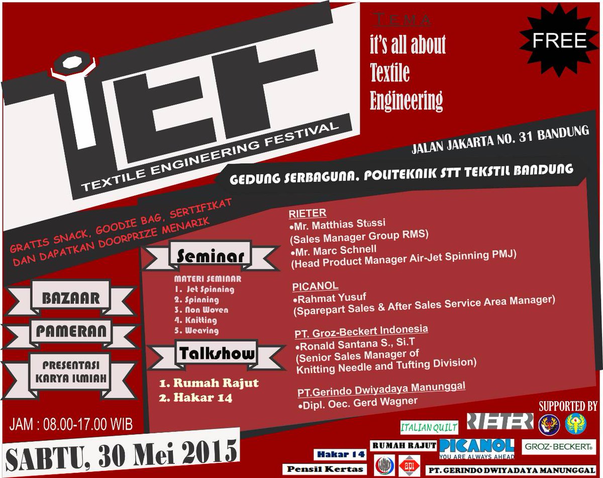TEFestival_2015's tweet photo. @Sumatra40_bdg Hari Sabtu ini kita ikutan Textile Engineering Festival yuk! :) http://t.co/UW52Vbo0qU