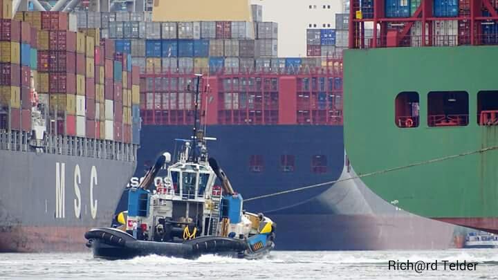 portries's tweet photo. #Smit Panther @work between #giant #containership in #Port of #Rotterdam #nlrtm #MSC Shanghai #MSC Oscar #CSCL Saturn http://t.co/TqgA2Gvx84