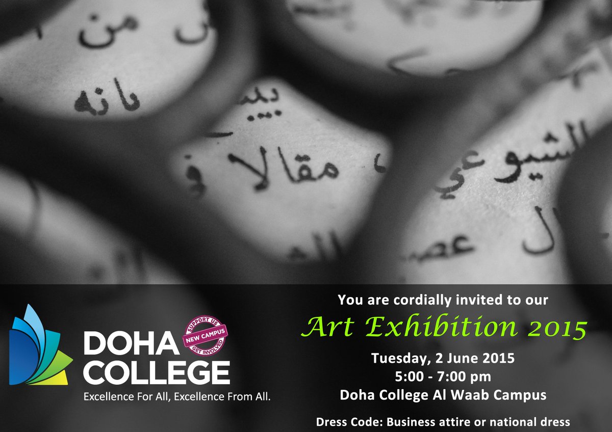 DohaCollege's tweet photo. @artsQatar Hope to see you @DohaCollege Arts Exhibition 2 June 15 #supportingarts #qatar http://t.co/ipq7P7wxRQ