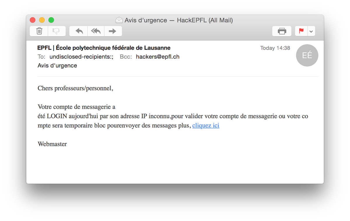 HackEPFL's tweet photo. WARNING: Phishing attack campaign against EPFL email addresses appears to be back. http://t.co/nEvs7d85Zg