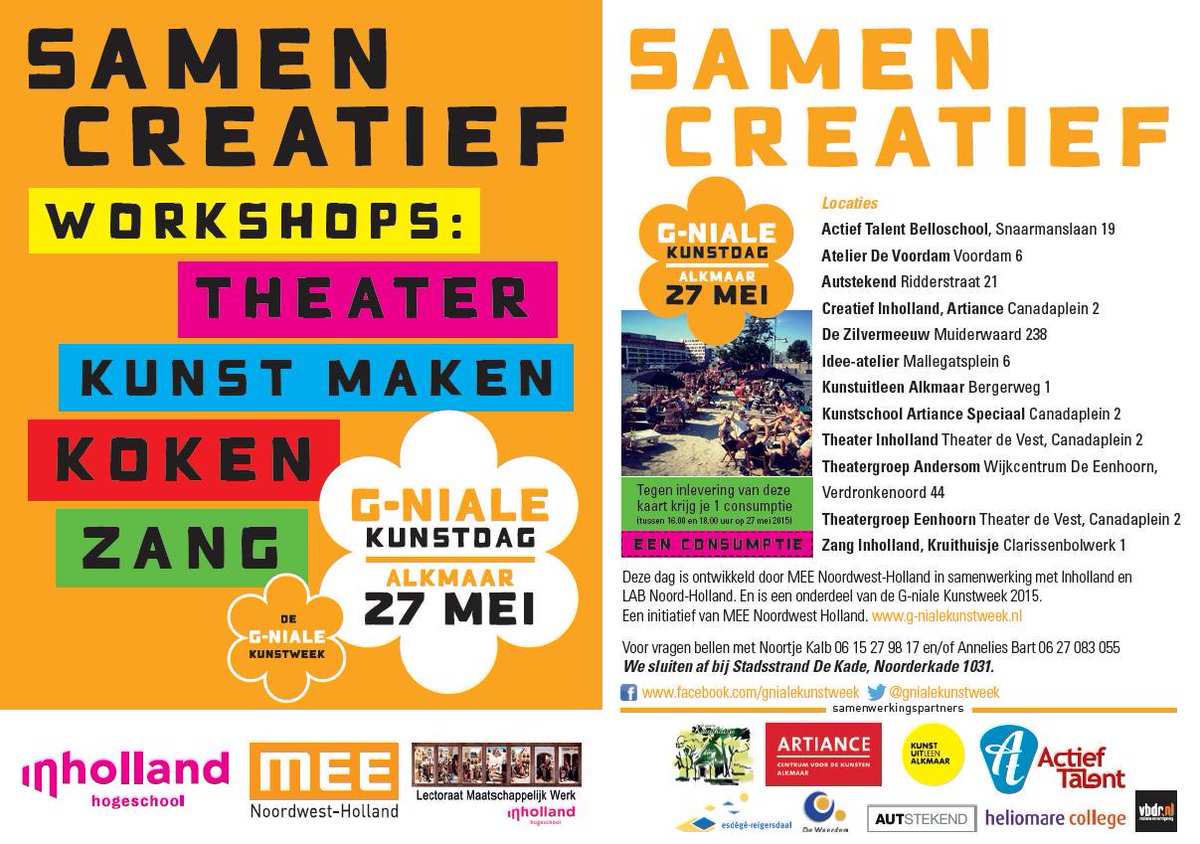 Morgen is de G-niale Kunstdag in #Alkmaar met workshops, theater en kunst. Zie de flyer voor alle activiteiten.