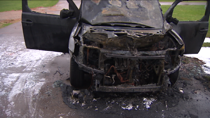 SaraFrasercbc's tweet photo. Car fire in Stratford #PEI this am. Police say car totalled, fire not suspicious, started in engine. No one injured. http://t.co/Yc5FFLYdR7