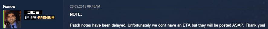 BFBulletin's tweet image. The patch notes have been delayed and there is no ETA. They will be posted as soon as possible #BF4 #SpringPatch