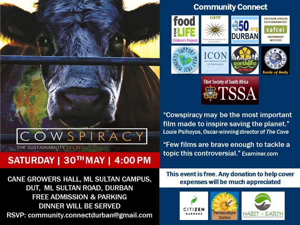 MFMSouthAfrica's tweet photo. #Cowspiracy is coming to Durban. To view this eye-opener see the details below ⬇ Tell your friends! #MFMSA http://t.co/NOdmGnGOwk